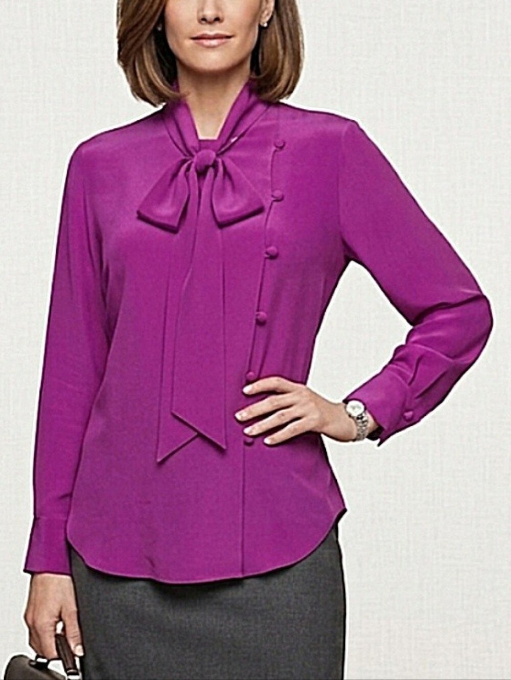 Vintage Liptons Elegant Silk Long-sleeved Wrap-front Blouse / Sz 10 / Purple